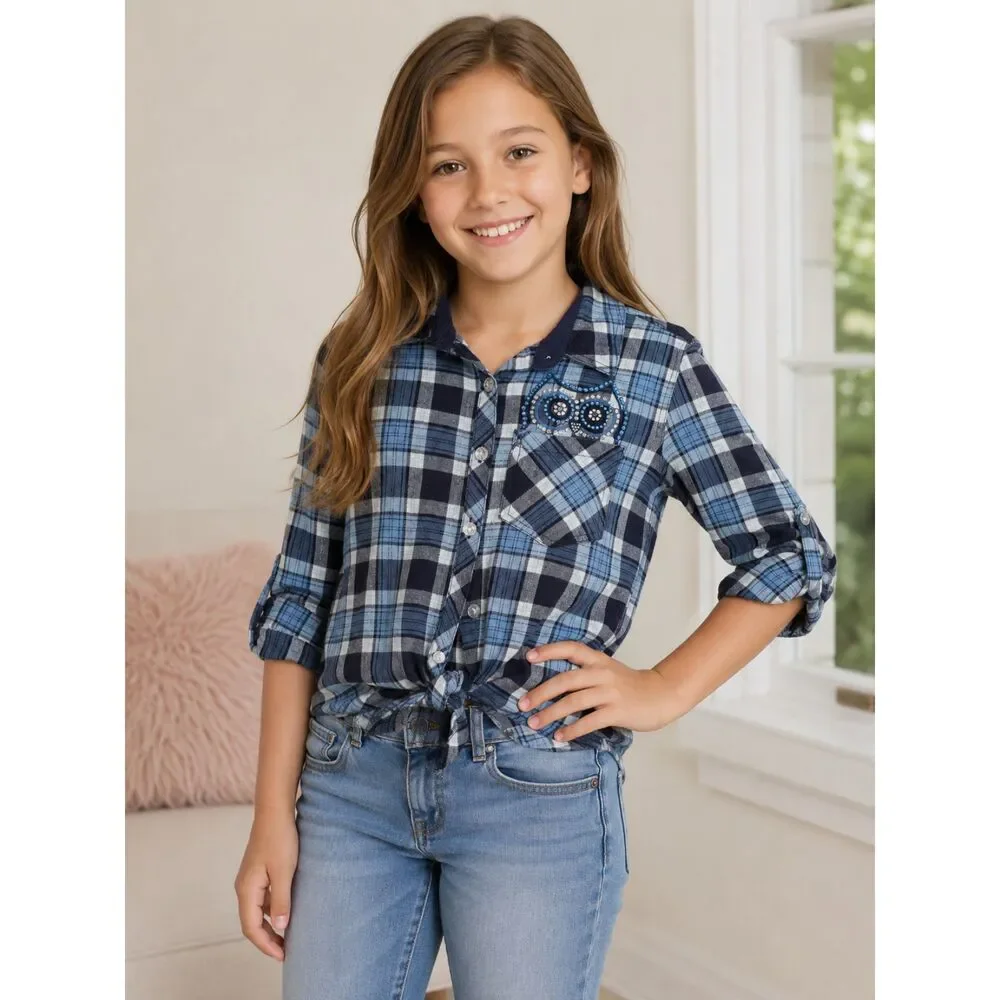Justice Girls Sz 8 Blue Plaid Owl Sequin Roll Tab Button Front Flannel Shirt #14